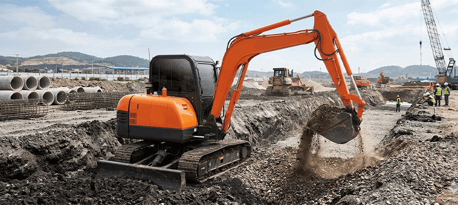 Doosan DH60-7 excavator working on a construction site digging soil in a trench