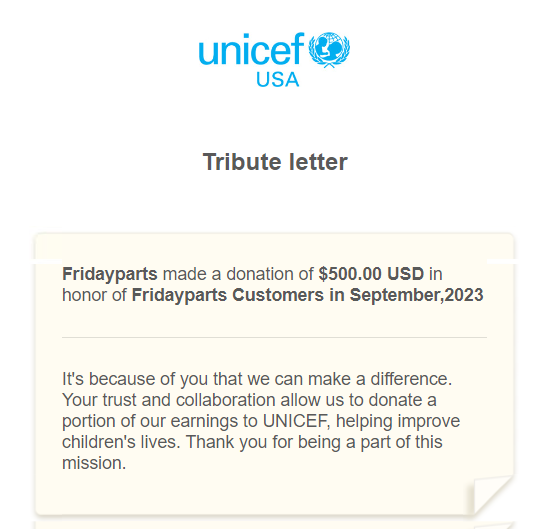 FridayParts' October donation to UNICEF