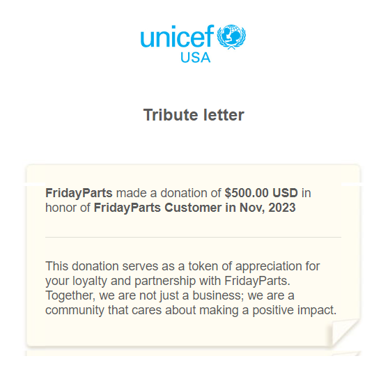FridayParts donation to UNICEF in December