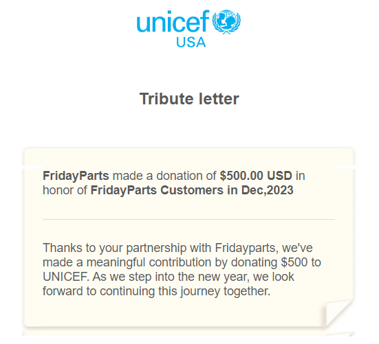 FridayParts Donation to UNICEF