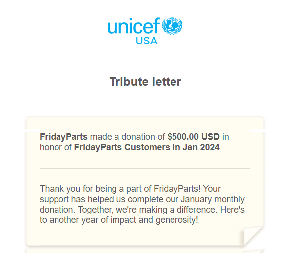 FridayParts donation to UNICEF in February 2024