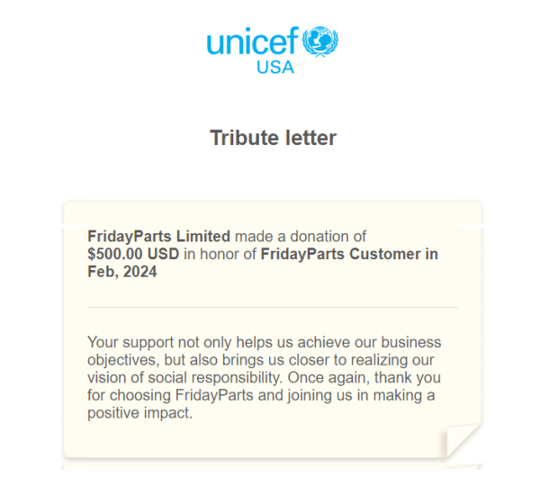 FridayParts donated to UNICEF