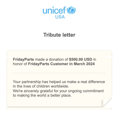 FridayParts dontaed to UNICEF in April 2024