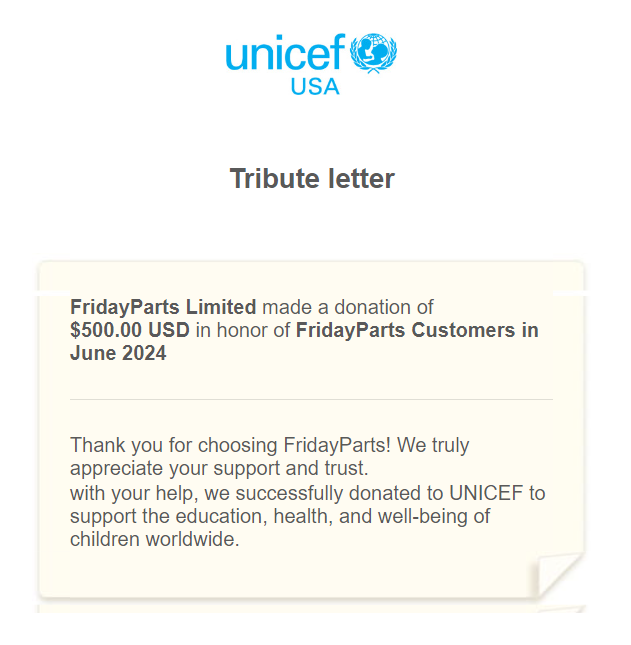 FridayParts donations to UNICEF