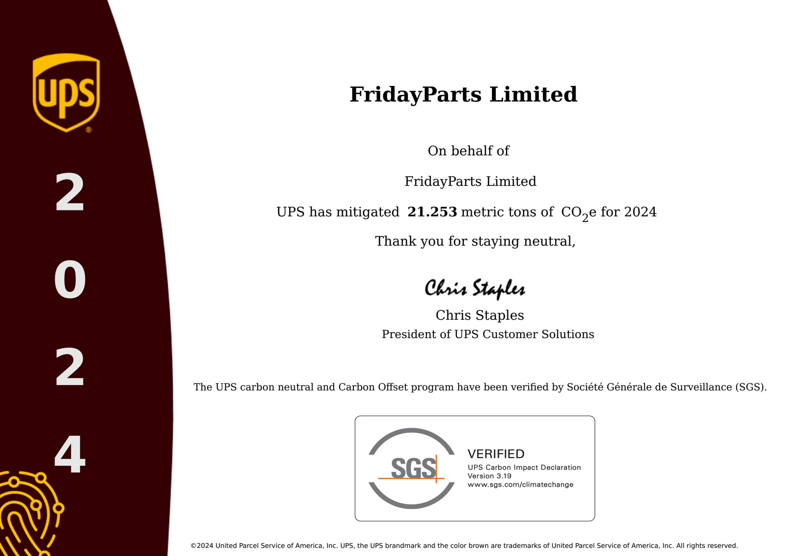 FridayParts has its UPS certification