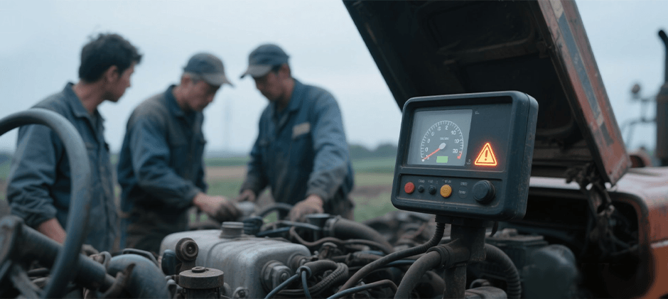 some man standing and try to check and repair a faulty tractor