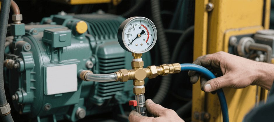 Connect the vacuum pump to evacuate the system (display the pressure gauge reading)