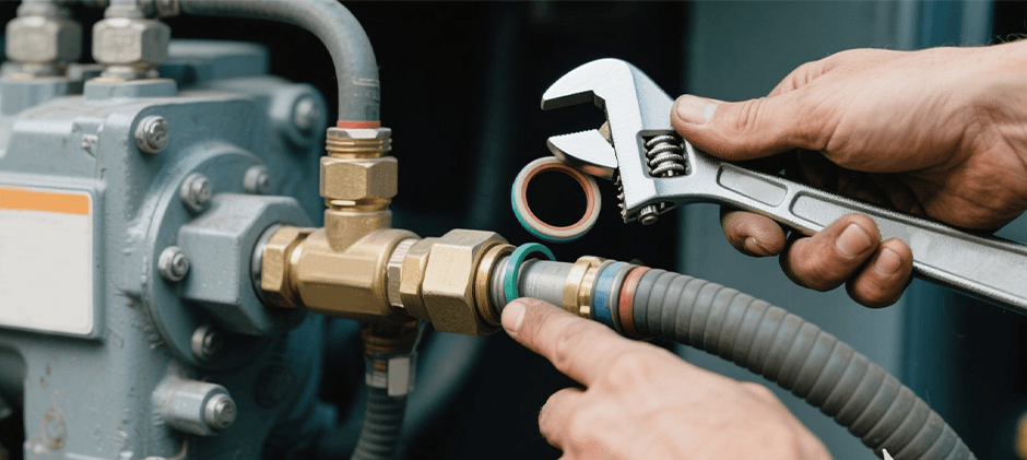 Disconnect the refrigerant line with a wrench (O-ring shown)