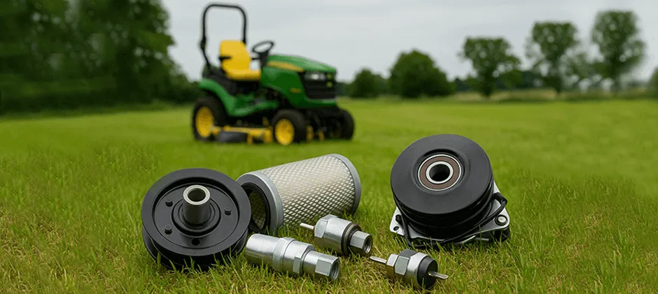 El cortacésped funciona vacío en el jardín para vaciar el tanque de combustible