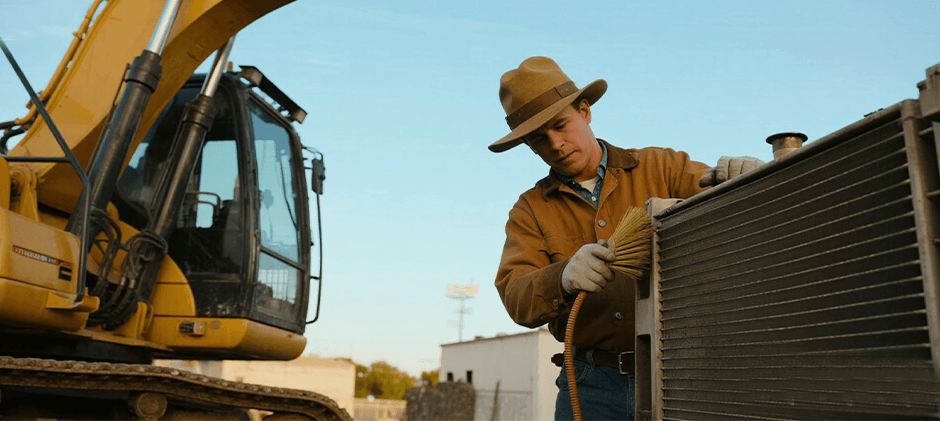 A man carefully cleaned the radiator fins with a brush