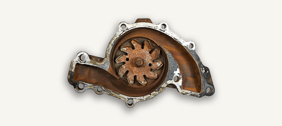 The interior of the water pump is severely corroded