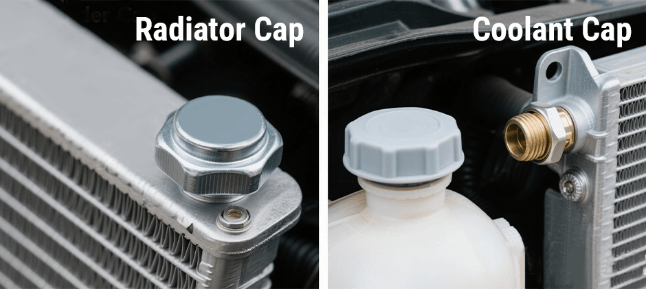 The radiator cap and the coolant cap are installed in different positions