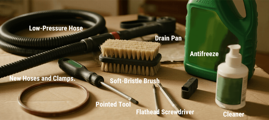 You need to prepare a soft-bristled brush, a screwdriver, a low-pressure hose, a cleaner, an oil pan, a new hose and clamps, pointed tools, and antifreeze.