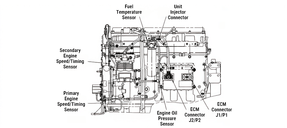 A detailed engine diagram of the CAT 3406E, illustrating the locations of key components like the primary and secondary speed/timing sensors, oil pressure sensor, and the ECM connectors.