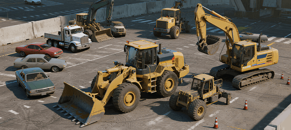 A variety of heavy-duty equipment, including a wheel loader, excavator, and a semi-truck, showcasing the versatile applications of the powerful CAT 3406E engine in construction and transport.