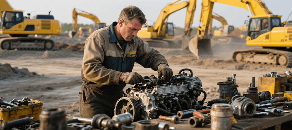 A mechanic performs a field repair on a heavy-duty diesel engine, with construction equipment in the background, highlighting the importance of quality replacement parts.