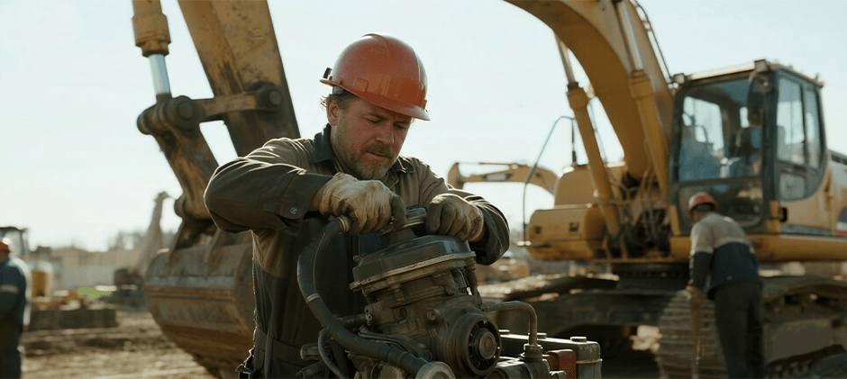 A mechanic wearing a hard hat is performing maintenance on the engine of a piece of heavy machinery at a construction site, with an excavator in the background.