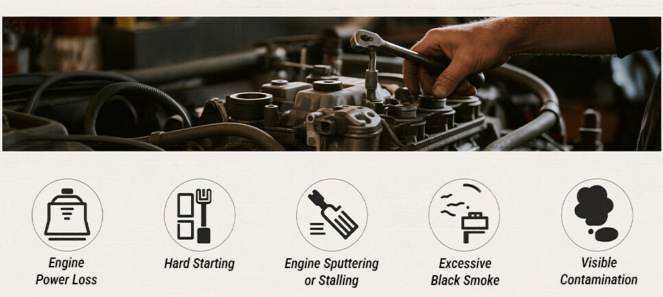 Infographic showing 5 common symptoms of a clogged fuel filter: engine power loss, hard starting, engine sputtering, excessive black smoke, and visible contamination.