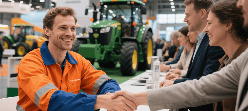 A smiling FridayParts team member in a branded orange uniform warmly shakes hands with a guest at the Sunbelt Ag Expo booth. In the bustling background, a large green tractor is on display, creating a professional and welcoming atmosphere.