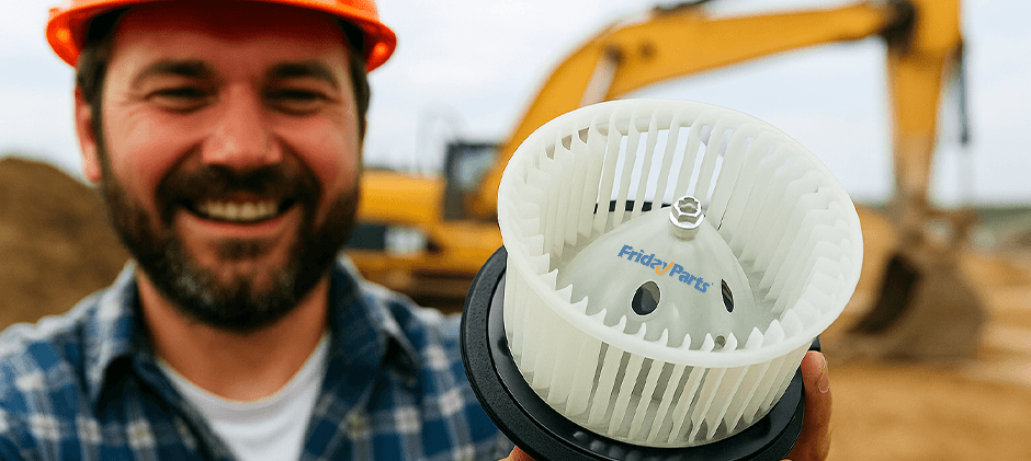 A smiling construction worker in a hard hat proudly holds up a new FridayParts blower motor fan, with an excavator in the background, symbolizing a quick return to work.