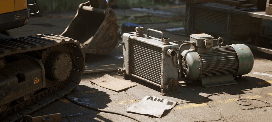 A bulldozer and its air compressor aftercooler