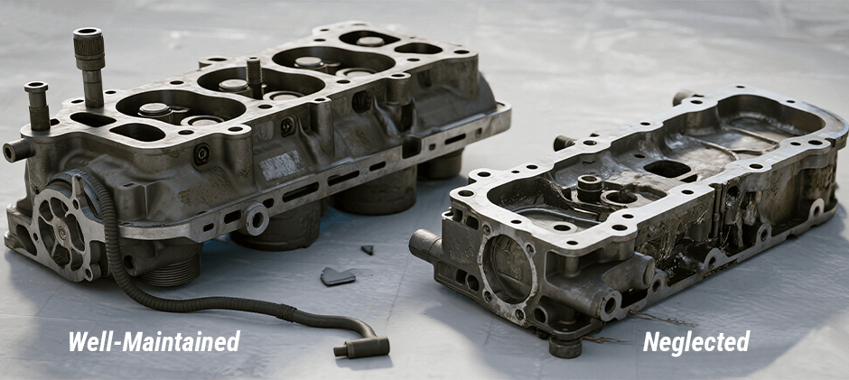 A good cylinder head compared to a damaged cylinder head