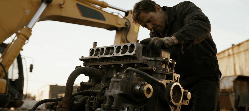 A man is inspecting an aged cylinder head.