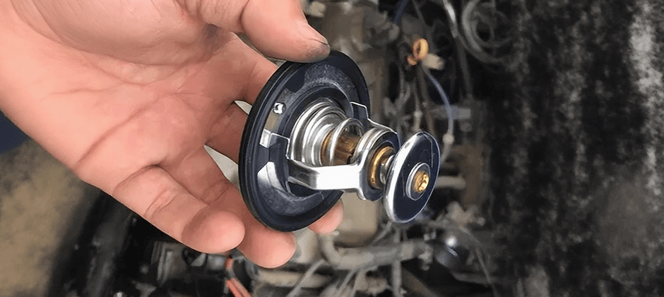 A person is holding a Thermostat in his hand.