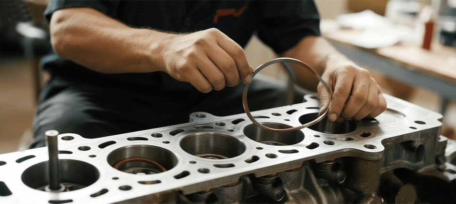 A person is installing the fire rings on the cylinder head of a diesel engine.