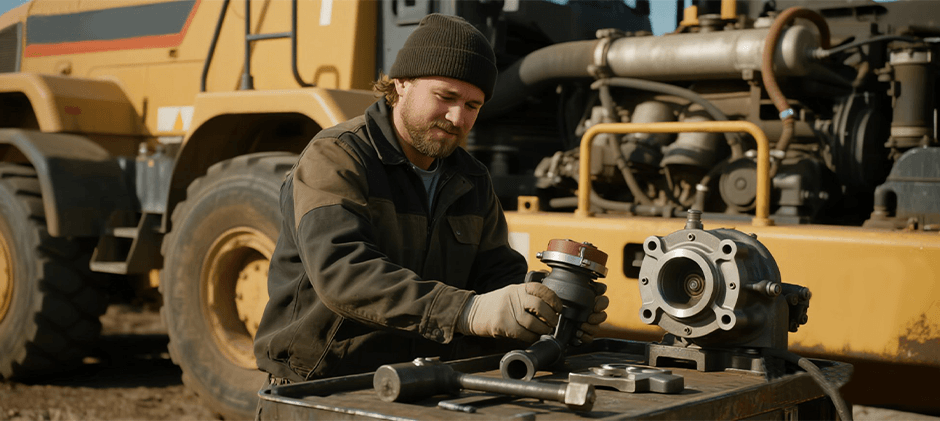 A person is repairing the water pump and thermostat regulator of the equipment.