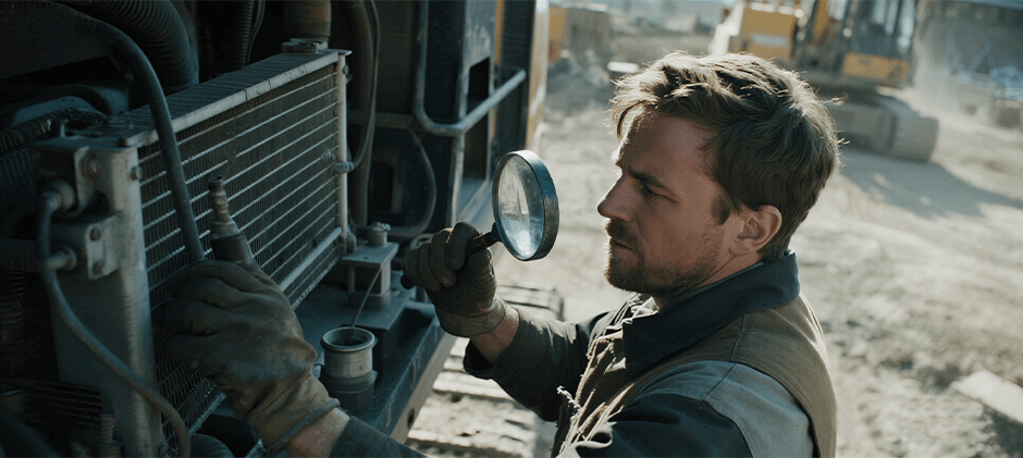 A person is using a magnifying glass to carefully inspect the Oil Cooler.