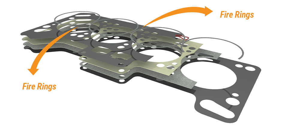 Show a composite head gasket and point the arrow to indicate its fire rings