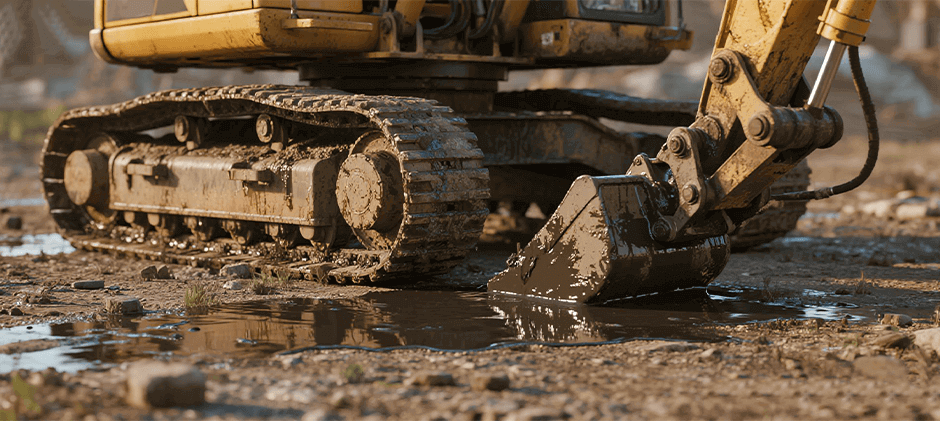 There are oil droplets on the ground beneath the equipment's engine.