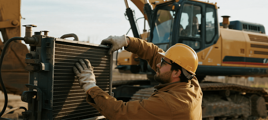 A mechanic inspects a large oil cooler in front of an excavator, representing professional maintenance for heavy equipment.