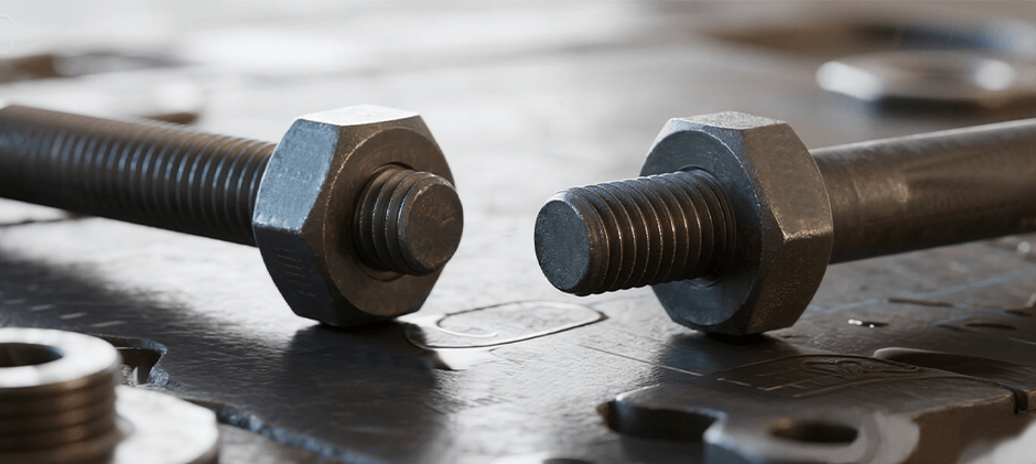 A close-up photo of two large metal bolts with nuts attached, sitting on a metal surface.
