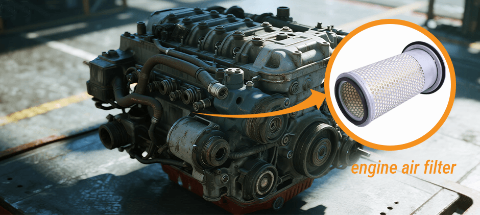 A diagram showing a clean, cylindrical engine air filter with an orange arrow pointing to its installation location on a heavy-duty engine.