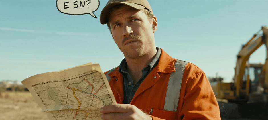 A confused construction worker is looking at a map in a field, with a thought bubble above his head asking 'ESN?'. This symbolizes the difficulty of finding the engine serial number without proper guidance.