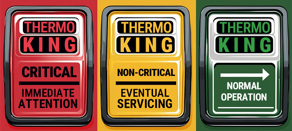 A graphic showing the three levels of Thermo King alarm codes: a red light for "Critical - Immediate Attention," a yellow light for "Non-Critical - Eventual Servicing," and a green light for "Normal Operation."