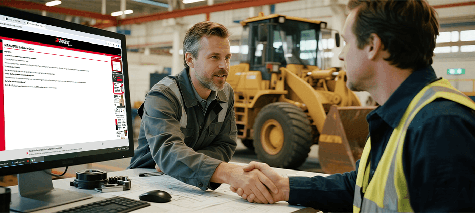A mechanic and a parts specialist are shaking hands over a desk with a computer showing a parts lookup website. This represents a successful partnership after finding the correct parts using the ESN.