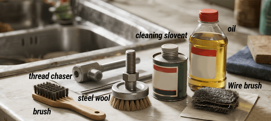 A collection of tools for cleaning bolts, including brushes, solvent, and oil, are laid out on a counter with labels.