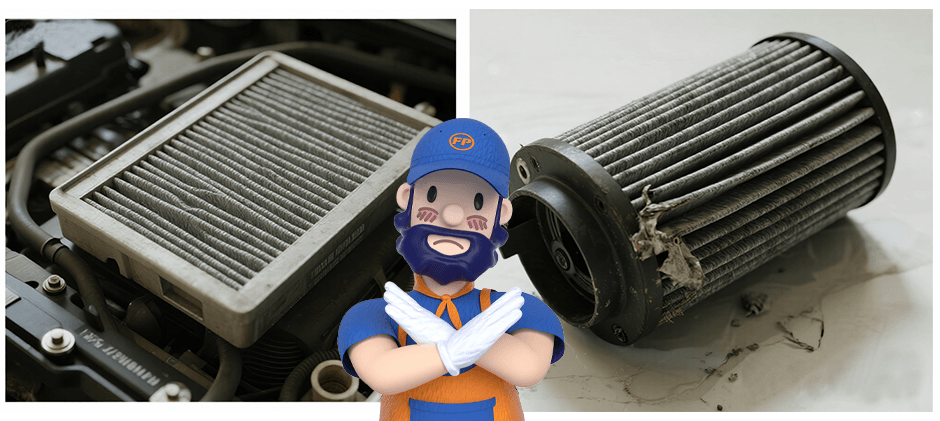 A split image showing a clogged rectangular cabin filter and a damaged, dirty engine air filter, with a mascot character disapproving to show the danger of neglect.