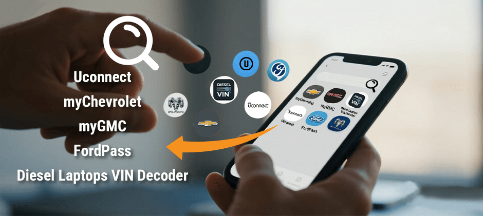 A collage showing a person using a smartphone to access various mobile VIN decoder apps like FordPass, myChevrolet, and Diesel Laptops, demonstrating the convenience of digital tools for identifying diesel engine parts.