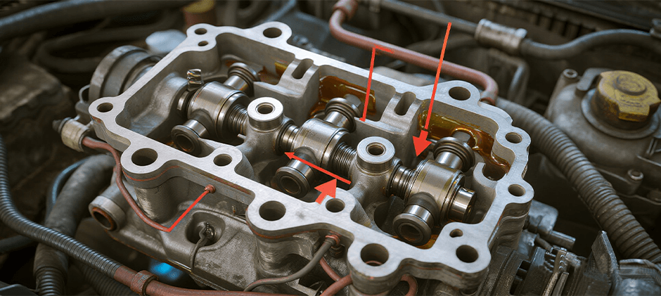 Engine cylinder head showing oil flow path with red arrows indicating lubrication route to camshaft
