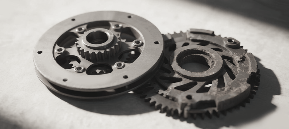 A comparison image, showing a clean, new clutch assembly on the left and a rusty, worn-out flexplate on the right. This illustrates the visual difference between a high-quality part and a failing, inferior one.