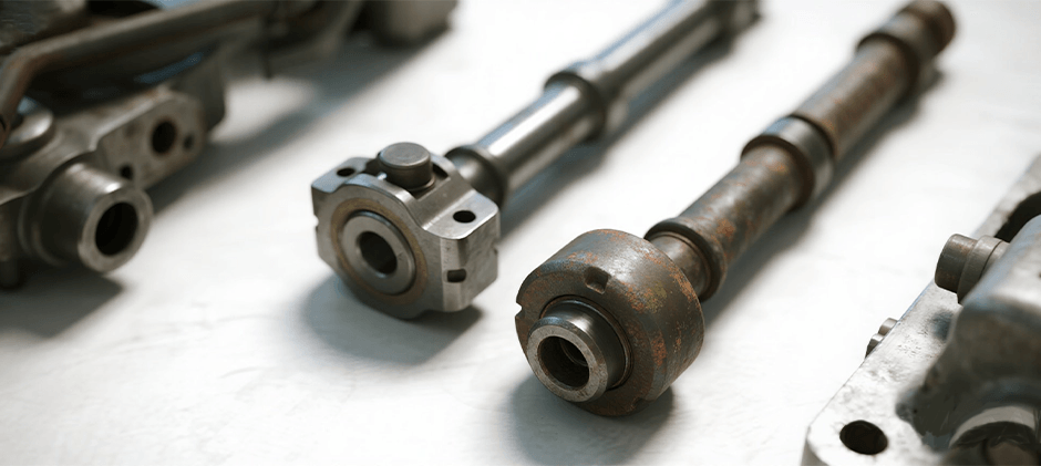 Comparison of worn camshaft lobes versus normal camshaft showing visible wear patterns