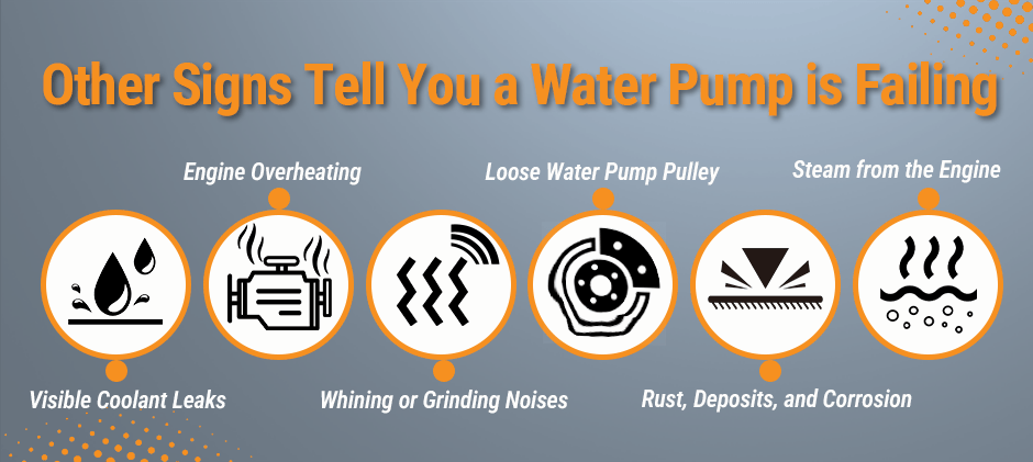 An infographic showing six common signs of a failing water pump: visible coolant leaks, engine overheating, whining or grinding noises, a loose water pump pulley, rust and deposits, and steam from the engine.