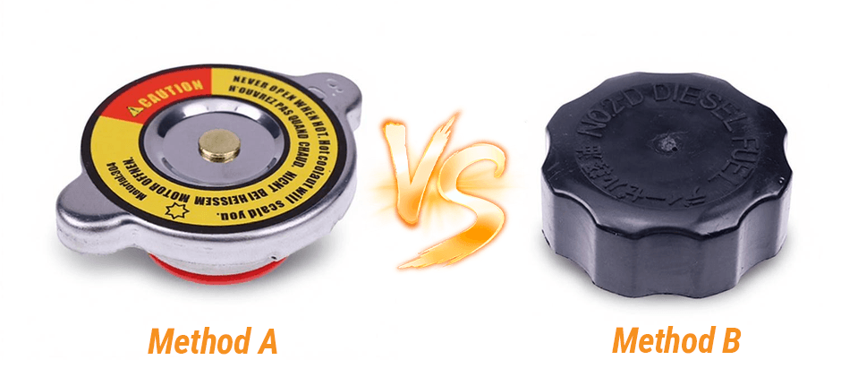 Comparison of two tractor cooling system caps: Method A shows a traditional metal radiator cap, and Method B shows a modern plastic cap for a pressurized coolant reservoir.