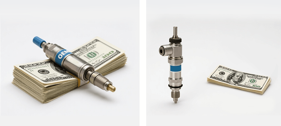 A visual comparison of diesel injector costs: an OEM injector sits on a large stack of money, while an aftermarket injector sits next to a much smaller stack.