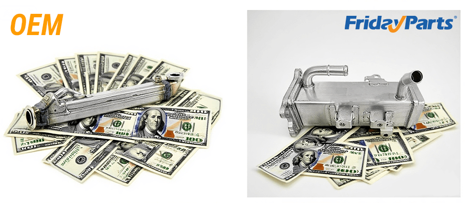 A side-by-side comparison showing a costly OEM EGR cooler on a large pile of money versus an affordable FridayParts aftermarket EGR cooler on a much smaller pile of money, illustrating the significant cost savings.