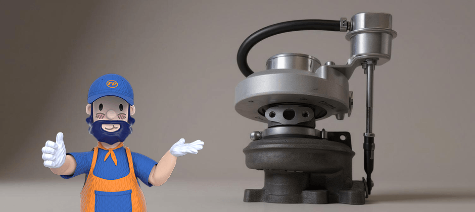 A new turbocharger with wastegate actuator for heavy machinery, presented by the FridayParts mascot.
